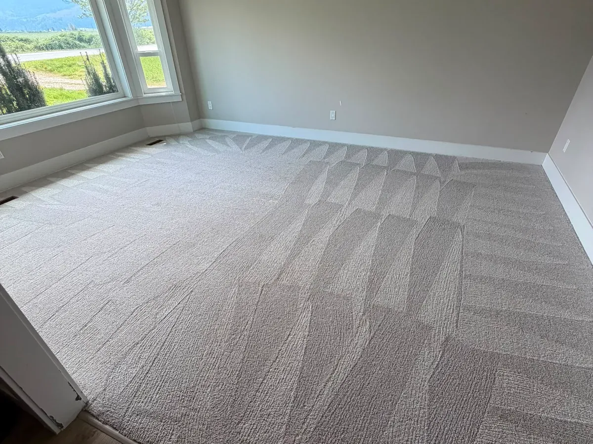 Freshly cleaned living room carpet with wand lines and a view over the Abbotsford countryside