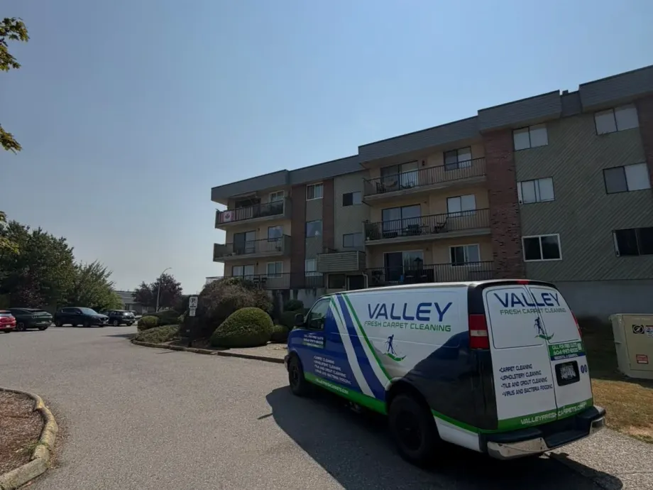 Valley Fresh Carpet Cleaning van parked outside McIntosh Manor at 45598 McIntosh Drive in Chilliwack