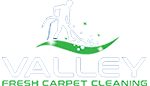 Logo of Valley Fresh Carpet Cleaning featuring green text and an illustration of a leaf with water droplets and a sparkle.