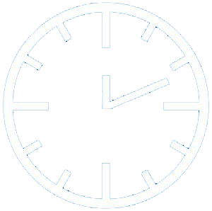 A simple graphic of a clock face with white markings and hands on a black background.