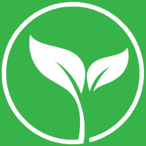 White icon of a stylized leaf inside a circular border on a green background.