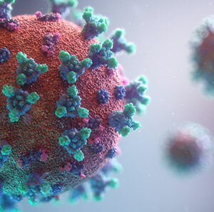 3D illustration of a coronavirus particle, featuring spike proteins in green and blue on a reddish surface, with a blurred background.