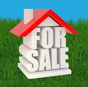 3D illustration of a white house-shaped sign with the words "FOR SALE" on it, set against a grassy background and a clear blue sky.
