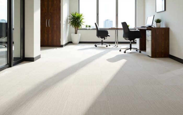 A wide shot of a pristine, well-maintained commercial carpet in a modern office setting.