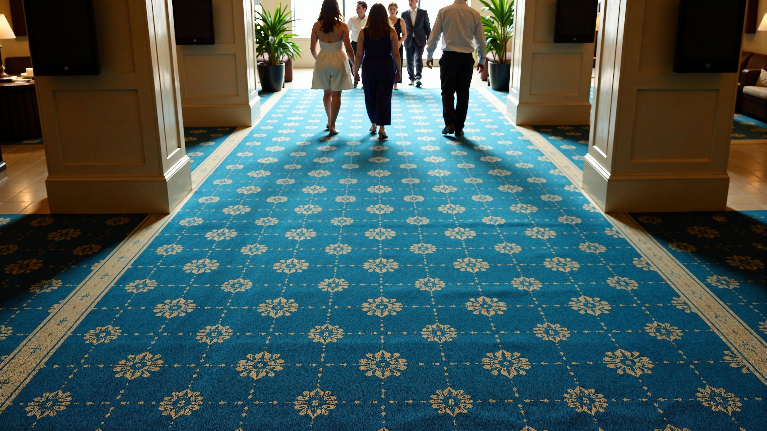 A high-angle shot of a busy hotel lobby