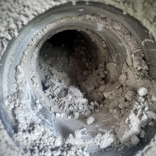 Close-up view of the inside of a dusty, partially blocked vent or pipe, filled with grayish debris and buildup.