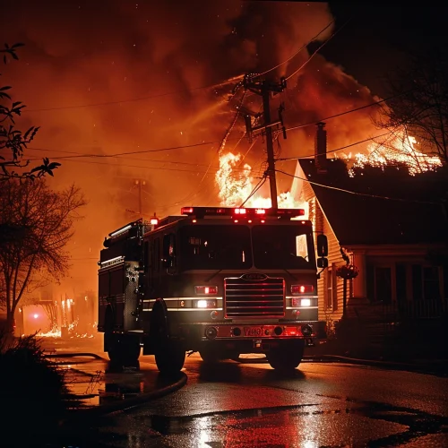 A fire truck is seen at night with its lights on, responding to a house engulfed in flames. Firefighters are working to control the blaze.